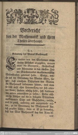 Vorbericht von der Mathematik und ihren Theilen überhaupt