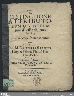 De Distinctione Attributorum Divinorum tum ab essentia, tum inter se, Disputatio Philosophica