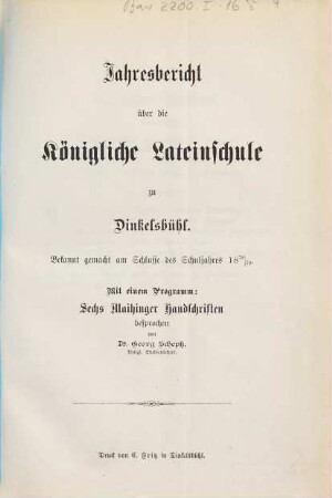 Jahresbericht über die Königliche Lateinschule zu Dinkelsbühl : bekannt gemacht am Schlusse des Schuljahres ..., 1878/79