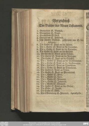 Verzeichniß Der Bücher des Neuen Testaments.