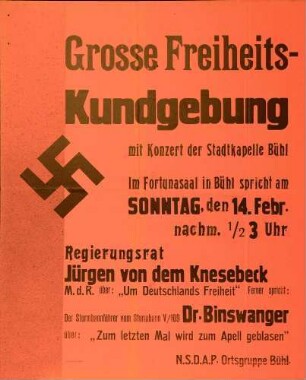 Versammlung der NSDAP-Ortsgruppe Bühl: Große Freiheits-Kundgebung