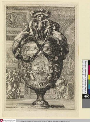 [Vase verziert an den Henkeln mit Wassermännern in der Mitte eine Kartusche mit Venus und Amor auf einer Muschel; Vases à deux anses, orné de médaillons]
