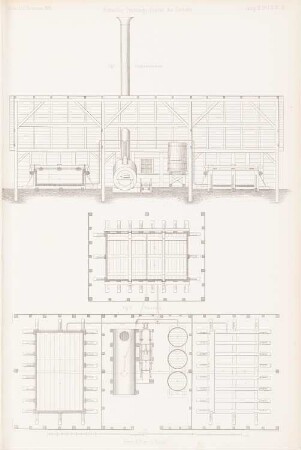 Schwellentränkungsanstalt der Ostbahn: Grundriss, Schnitt (aus: Atlas zur Zeitschrift für Bauwesen, hrsg. v. G. Erbkam, Jg. 3, 1853)