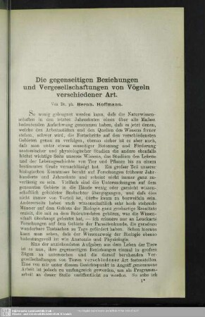 Die gegenseitigen Beziehungen und Vergesellschaftungen von Vögeln verschiedener Art