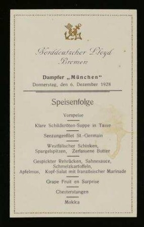 Speisefolge auf dem Dampfer "München"