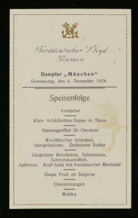 Speisefolge auf dem Dampfer "München"