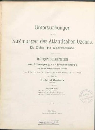 Untersuchungen über die Strömungen des Atlantischen Ozeans : die Dichte- und Windverhältnisse