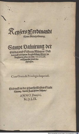 Keysers Ferdinandi newe Münzordnung