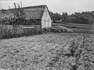Gehöft : Blick über ein Feld auf ein Gehöft