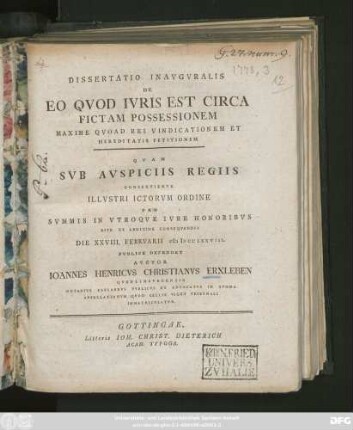 Dissertatio Inavgvralis De Eo Qvod Ivris Est Circa Fictam Possessionem Maxime Qvoad Rei Vindicationem Et Hereditatis Petitionem