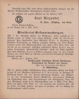 29. Ministerial-Bekanntmachung, die Erweiterung der Bedelschen Stiftung für das Krankenhaus zu Oftheim betreffend