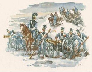 Reitende Artillerie 1804-1807, Uniform-Darstellung von Offizier zu Pferd, Kanoniere abgeprotzte Geschütze richtend, alle mit Zierhelm, im Hintergrund Geschützgespann