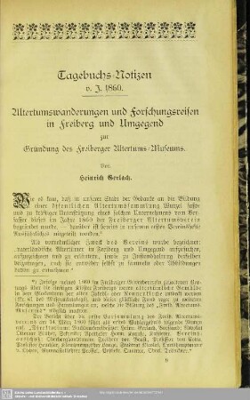 Tagebuchs-Notizen v. J. 1860. Altertumswanderungen und Forschungsreisen in Freiberg und Umgegend zur Gründung des Freiberger Altertums-Museums