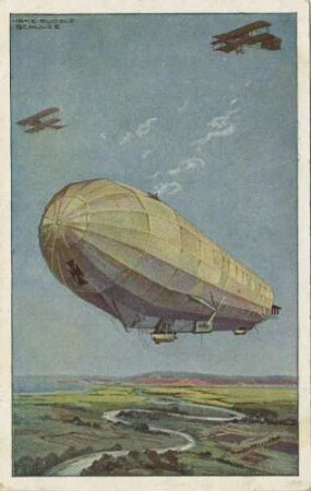 Luftkreuzer (Zeppelin) Hansa im Kampf mit zwei feindlichen Doppeldecker-Flugzeugen über Flussschleife