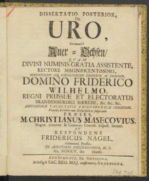 2: Dissertatio ... De Uro, Germanicè Auer-Ochsen, Posterior, Dissertatio Posterior De Uro, Germanicè Auer-Ochsen