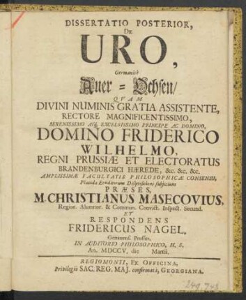 2: Dissertatio ... De Uro, Germanicè Auer-Ochsen, Posterior, Dissertatio Posterior De Uro, Germanicè Auer-Ochsen