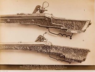 Jagdgewehr mit Radschloss und in Holz geschnitztem Schafte, Deutsche Arbeit, I. Anfang des XVII. Jahrhunderts, II. Ende des XVI. Jahrhunderts