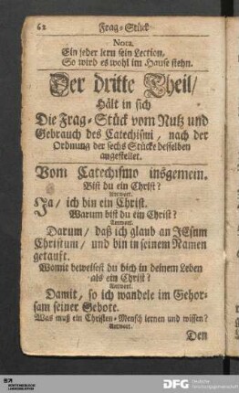 Der dritte Theil/ Hält in sich Die Frag-Stück vom Nutz und Gebrauch des Catechismi