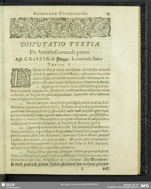Disputatio Tertia. De Antithesi articuli primi