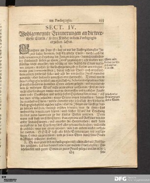 Sect. IV. Wohlgemeynte Erinnerungen an die wertheste Eltern/ so ihre Kinder in dem Pædagogio erziehen lassen