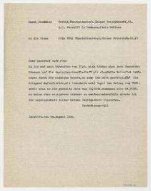 Brief von Raoul Hausmann an Firma Otto Kühl. Jershöft