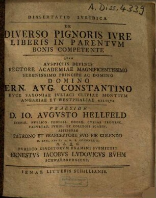 Dissertatio Ivridica De Diverso Pignoris Ivre Liberis In Parentvm Bonis Competente
