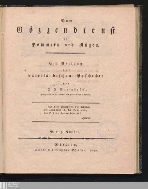 Vom Goezzendienst in Pommern und Rügen : Ein Beitrag zur vaterländischen Geschichte ; mit 9 Kupfern