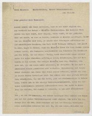 Brief von Raoul Hausmann an Jan Tschichold. Berlin