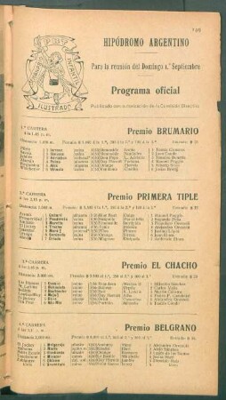 Hipódromo Argentino - Para la reunión del Domingo 1. Septiembre - Programa oficial