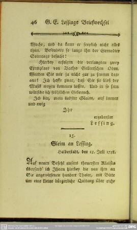 15. Gleim an Lessing. Halberstadt, den 15. Juli 1758