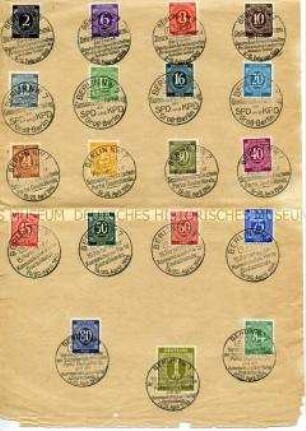 Blatt mit aufgeklebten Briefmarken und fünf verschiedenen Sonderstempeln zur Vereinigung von KPD und SPD zur SED