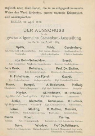 Der Ausschuss für die grosse allgemeine Gartenbau-Ausstellung zu Berlin im April 1883