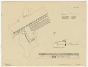 Klubhaus Eichkamp, Berlin-Charlottenburg: Perspektivische Ansicht (Vogelschau), Schnitt, Ansicht 1:200