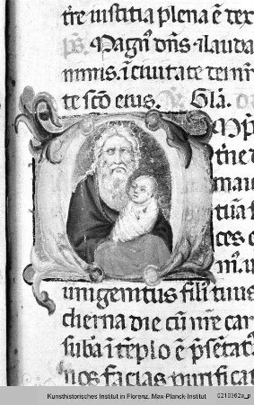 Missale Romanum : Textseite mit historisierter Initiale O: Simeon mit dem Christuskind auf dem Arm
