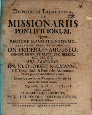 Diss. theol. de missionariis pontificiorum