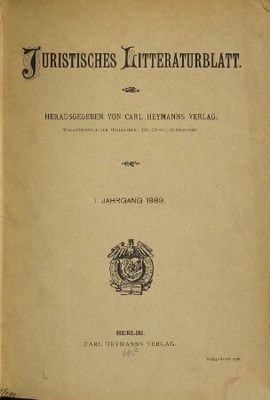 Juristisches Literaturblatt. 1. 1889