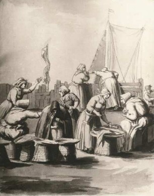 Fischerinnen am Fluss : Fischerinnen am Fluss. Pinselzeichnung (vor 1905; P. Böhm)