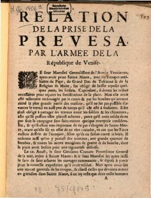 Relation de la prise de la Prevesa par l'armée de la République de Venise