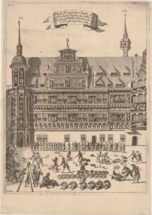Die Lustjagd auf Wildschweine (Sauhatz) im Großen Schlosshof des Residenzschlosses in Dresden, 2. Ansicht aus der "Durchlauchtigsten Zusammenkunft" von 1680, Nr. 23 p. 207