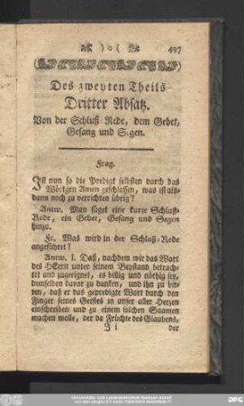 Des zweyten Theils Dritter Absatz. Von der Schluß-Rede, dem Gebet, Gesang und Sigen.