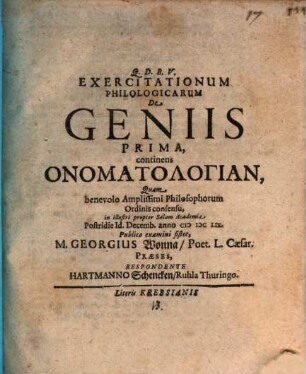 Exercitationum Philologicarum De Geniis Prima, continens Onomatologian