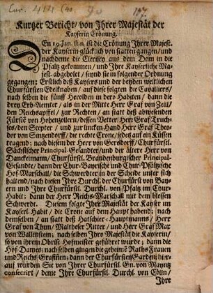 Kurtzer Bericht von Ihrer Majestät der Kayserin Krönung
