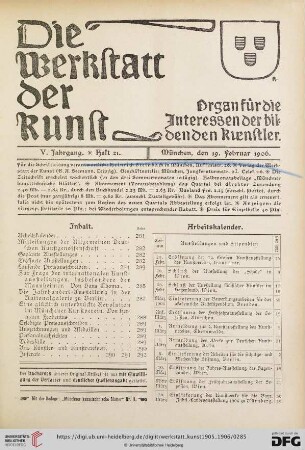 Inhalt / Arbeitskalender / Mitteilungen der Allgemeinen Deutschen Kunstgenossenschaft / Geplante Ausstellungen / Eröffnete Ausstellungen / Laufende Preisausschreiben