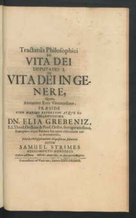 Tractatus Philosophici De Vita Dei : Disputatio I. De Vita Dei In Genere