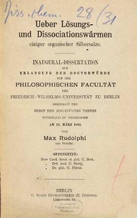 Ueber Lösungs- und Dissociationswärmen einiger organischer Silbersalze