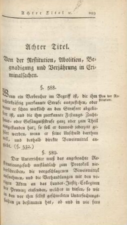 Achter Titel. Von der Restitution, Abolition, Begnadigung und Verjährung in Criminalsachen