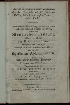 Ueber die so genannten numeri abundantes, oder die Ueberfluss mit sich führenden Zahlen, besonders im ersten Tausend unsrer Zahlen : Lezte mathematische Kleinigkeit