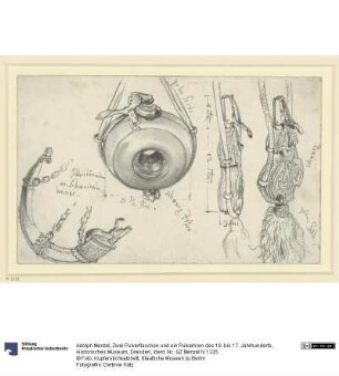 Zwei Pulverflaschen und ein Pulverhorn des 16. bis 17. Jahrhunderts, Historisches Museum, Dresden