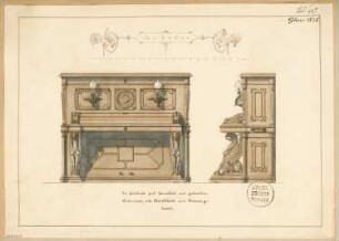 Pianino Monatskonkurrenz Juni 1875: Aufriss Vorderansicht, Seitenansicht; Maßstabsleiste, Erläuterungstext