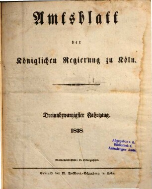 Amtsblatt für den Regierungsbezirk Köln. 1838